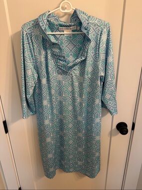 Gretchen Scott Designs Aqua and White Patterned Mini Dress with Cowl Neck